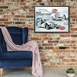 «Автомобили в искусстве 48» в интерьере в стиле лофт с кирпичной стеной и синим креслом