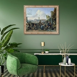 «A View in Rome, 1668» в интерьере гостиной в зеленых тонах