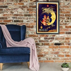 «Poster advertising Maggi» в интерьере в стиле лофт с кирпичной стеной и синим креслом