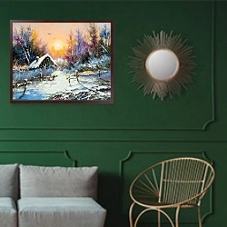 «Сельский зимний пейзаж» в интерьере классической гостиной с зеленой стеной над диваном