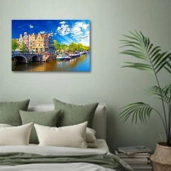 «Голландия, Амстердам. Солнечный Pays-Bas» в интерьере современной спальни в зеленых тонах