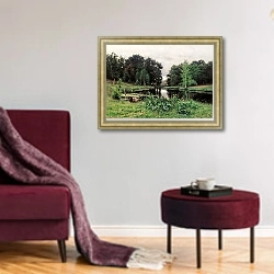 «Пейзаж с прудом. 1887» в интерьере гостиной в бордовых тонах