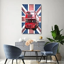 «Красный автобус на фоне флага» в интерьере современной гостиной над комодом
