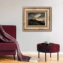 «On the Coast near Scheveningen, 1842» в интерьере гостиной в бордовых тонах