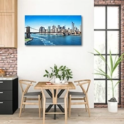 «Нью-Йорк. Манхеттен. Манхэттенский висячий мост » в интерьере кухни с кирпичными стенами над столом