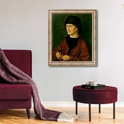 «Portrait of the Artist's Father, 1490» в интерьере гостиной в бордовых тонах