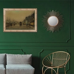 «Доки в Ливерпуле» в интерьере классической гостиной с зеленой стеной над диваном