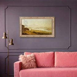 «Lake Winnipiseogee, 1858» в интерьере гостиной с розовым диваном