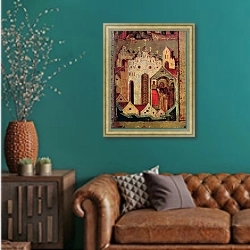 «The Vision of St. Sergius of Radonesh, 1640s» в интерьере гостиной с зеленой стеной над диваном