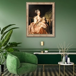 «The Young Mother, c.1770-80» в интерьере гостиной в зеленых тонах