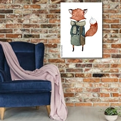«Акварельная иллюстрация милой лисицы в пальто» в интерьере в стиле лофт с кирпичной стеной и синим креслом