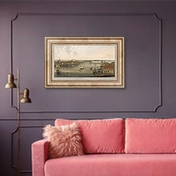 «Вид на Адмиралтейство с башни Кунсткамеры» в интерьере гостиной с розовым диваном
