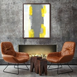 «Серо-бело-желтая абстракция» в интерьере в стиле лофт с бетонной стеной над камином