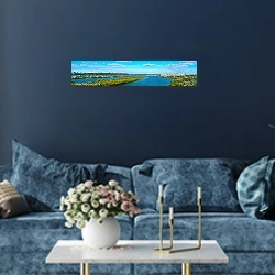 «Украина, Киев. Панорама» в интерьере стильной синей гостиной над диваном