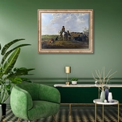 «Пастух с помошниками и скотом» в интерьере гостиной в зеленых тонах