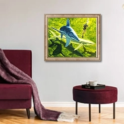«Sharks, illustration from 'Our Underwater World', 1970» в интерьере гостиной в бордовых тонах