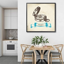 «Иллюстрация с компасом» в интерьере кухни в светлых тонах над обеденным столом