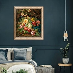 «Still Life with Roses and Butterflies by a Brook in a Forest» в интерьере классической спальни с темными стенами
