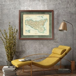 «Карта Сицилии, конец 19 в.» в интерьере в стиле лофт с желтым креслом
