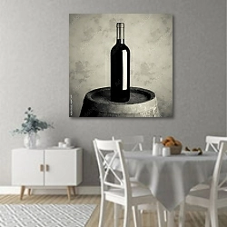 «Бутылка красного вина на бочке, чёрно-белое фото» в интерьере современной столовой