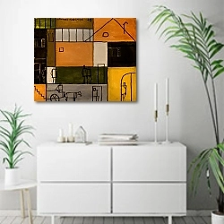 «Pintura constructiva» в интерьере светлой минималистичной гостиной над комодом
