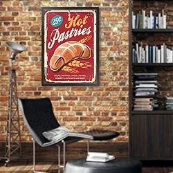 «Выпечка печенья, ретро плакат» в интерьере кабинета в стиле лофт с кирпичными стенами