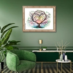 «Дерево любви» в интерьере гостиной в зеленых тонах
