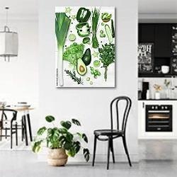 «Зеленые овощи и фрукты на деревянном столе» в интерьере современной светлой кухни