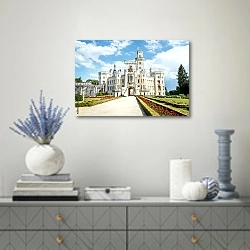 «Чехия, Замок Глубока-над-Влтавой» в интерьере современной гостиной с голубыми деталями