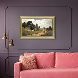 «Украинский пейзаж» в интерьере гостиной с розовым диваном