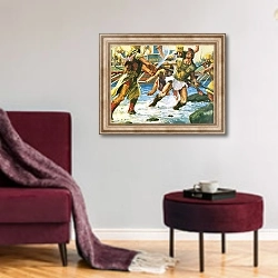 «Cynegirus at the battle of Marathon» в интерьере гостиной в бордовых тонах