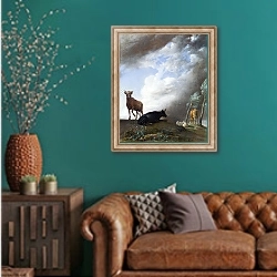 «Скот и овцы в шторм» в интерьере гостиной с зеленой стеной над диваном