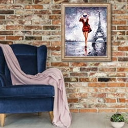 «Женщина в Париже» в интерьере в стиле лофт с кирпичной стеной и синим креслом
