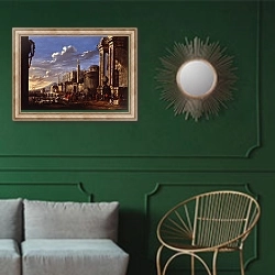 «Итальчнское каприччо в бухте» в интерьере классической гостиной с зеленой стеной над диваном