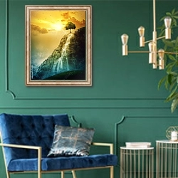 «Дерево над водопадом» в интерьере в классическом стиле с зеленой стеной