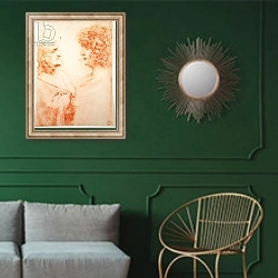 «Two Heads in Profile, c.1500» в интерьере классической гостиной с зеленой стеной над диваном