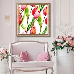 «Акварель. Тюльпаны» в интерьере гостиной в стиле прованс над диваном