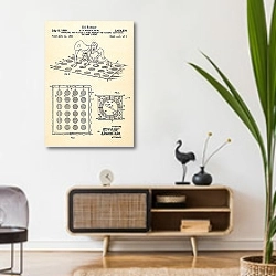 «Патент на игру в Твистер, 1969г» в интерьере комнаты в стиле ретро над тумбой