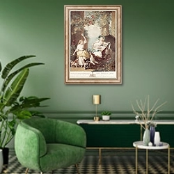 «Princesses Mary, Sophia and Amelia, daughters of George III, engraved by Francesco Bartolozzi» в интерьере гостиной в зеленых тонах