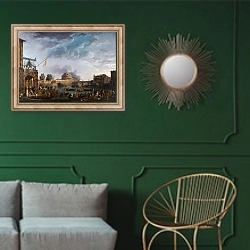 «Соревнование на Тибре в Риме» в интерьере классической гостиной с зеленой стеной над диваном