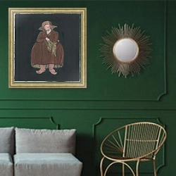 «Costume design for Rimsky-Korsakov's opera 'The Tale of Tsar Saltan', 1919 2» в интерьере классической гостиной с зеленой стеной над диваном