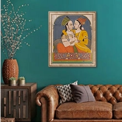 «Two queens sharing a drink, from Lovers embrace in an alcove, c.1780» в интерьере гостиной с зеленой стеной над диваном