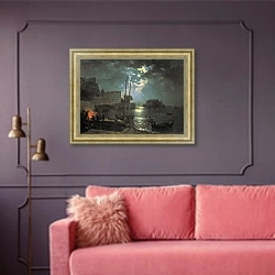 «Лунная ночь в Неаполе. 1828» в интерьере гостиной с розовым диваном