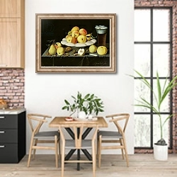 «Still life 2 1» в интерьере кухни с кирпичными стенами над столом