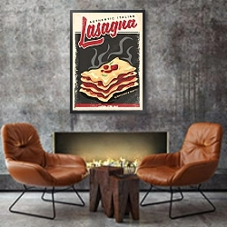 «Лазанья, ретро плакат» в интерьере в стиле лофт с бетонной стеной над камином