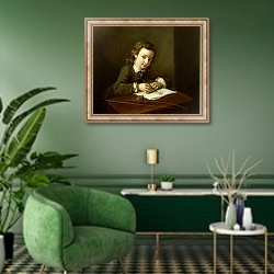 «Boy Drawing at a Table» в интерьере гостиной в зеленых тонах