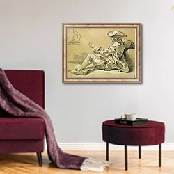 «Small boy with a fishing rod, 1755» в интерьере гостиной в бордовых тонах