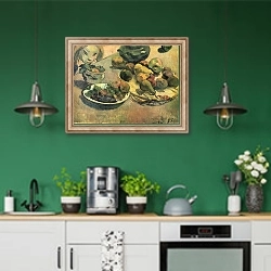 «Натюрморт с фруктами 5» в интерьере кухни с зелеными стенами