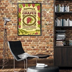 «Виноград, ретро-плакат» в интерьере кабинета в стиле лофт с кирпичными стенами