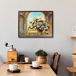 «Букет цветов на каменном подоконнике» в интерьере кухни над обеденным столом с кофемолкой